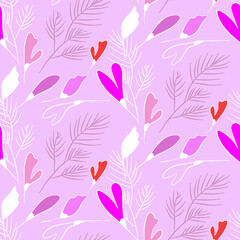 Vector seamless half-drop pattern, with leaves and flowers