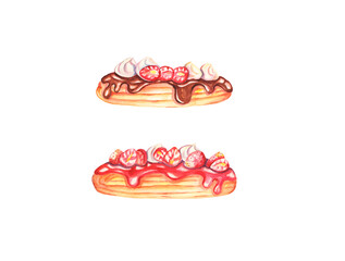 Watercolor eclairs illustration. France eclairs. Chocolate eclairs with strawberries. Strawberry confectionery. Watercolor pastry. Food illustration. Design for logo, cards, ads, packing, greetings.