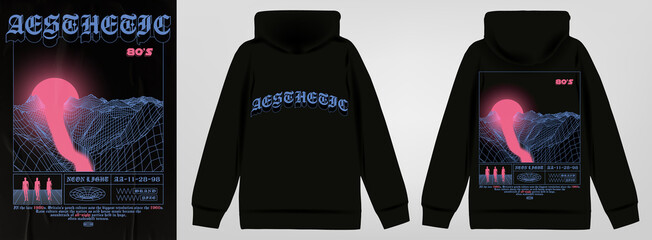 Retrofuturistic poster with 3d mountains and bright rising sun. In the style of the 70s, a trendy print for a T-shirt, hoodie and sweatshirt. Isolated on black background