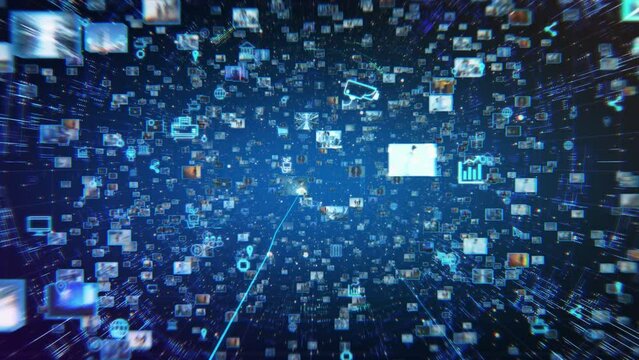 VFX Animated Background with Virtual Social Media Reality Interconnected by Internet Into Worldwide Web. Internet of Things Concept with Videos, Avatars, Profiles Flowing in Online Information Space.