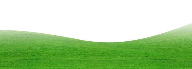 Green grass field isolated oMeadow green with fog smoke floats up isolated on white background, for...