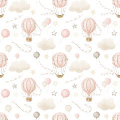 Watercolor seamless Pattern with hot Air Balloons and clouds. Hand drawn background for textile design or wallpaper