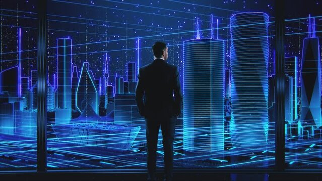 VFX Futuristic Business Concept. Businessman Standing in Front of Animated Futuristic City with Rendered Skyscrapers and Office Buildings. Opportunity and Success in Information and Big Data Age.