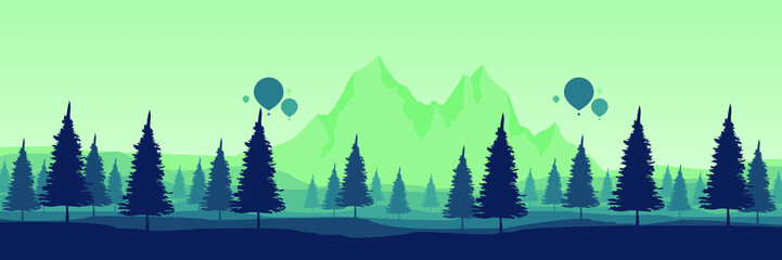 Fototapeta premium Forest silhouette landscape with mountain flat design vector illustration good for wallpaper, background, backdrop, tourism, design template and advertising