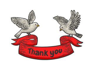 birds carry thank you banner ribbon color sketch engraving raster illustration. T-shirt apparel print design. Scratch board imitation. Black and white hand drawn image.