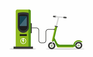 Electric scooter and battery charger isolated on white background. Public scooter charging station. Ecological city transport. Vector stock © Jessica