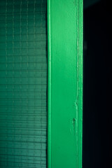 Texture of a green painted door with a glass insert on a dark background 