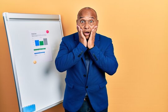 Middle age latin man wearing business clothes on chart presentation afraid and shocked, surprise and amazed expression with hands on face