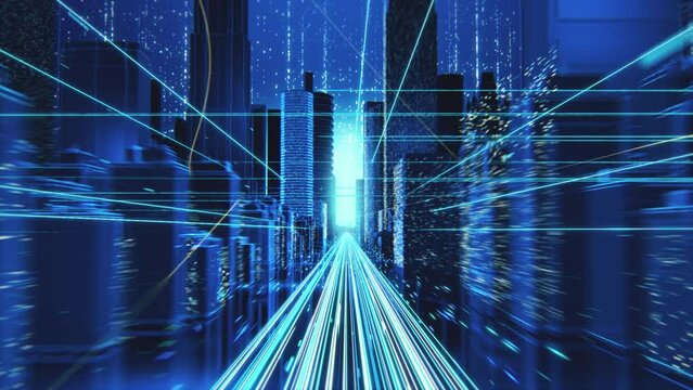Digital VFX 3D Render of a Futuristic Business City. Camera Flowing Through the Abstract Streets with Technological Interconnected Lines Representing Worldwide Web, Internet Connectivity and Big Data.