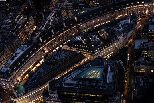 Aerial illuminated London view of Piccadilly Circus UK