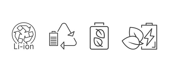 Lithium ion battery icon ser. Eco friendly Li ion battery. Outline thin line icons. - obrazy, fototapety, plakaty
