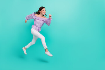 Full body profile portrait of energetic lady run look empty space isolated on turquoise color background