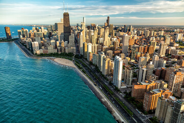 Aerial Chicago skyscrapers Oak Street Beach Lake Michigan - obrazy, fototapety, plakaty
