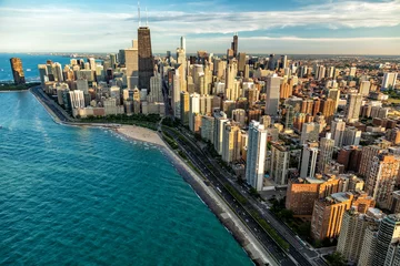 Rolgordijnen Aerial Chicago skyscrapers Oak Street Beach Lake Michigan © Spotmatik