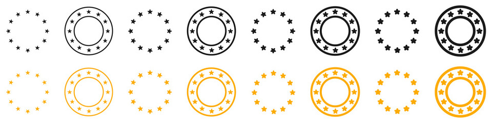 Set of stars in circles icons. Yellow and black stars in the form of a circle. Star circle frame symbol. Vector.