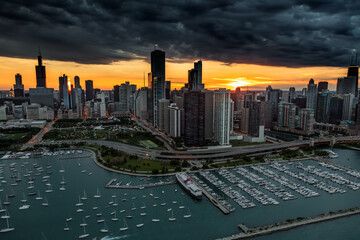 Aerial sunset storm Chicago Waterfront Millennium Park USA