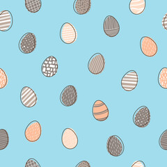 Easter pattern cute bright eggs with a variety of patterns. Seamless background. Printing on fabric, napkins, postcards. Vector illustration, hand drawn