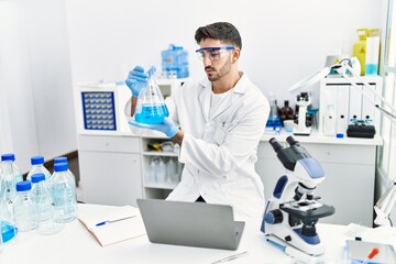 Handsome hispanic man working as scientific holding erlenmeyer flask at laboratory