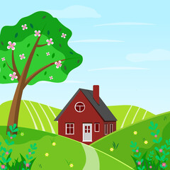 Spring landscape with tree, flowers, house. Seasonal countryside landscape. Vector illustration in flat style