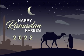 Beautiful Happy Ramadan Kareem 2022 greeting with a camel and old man silhouette with star and moon dark sky background