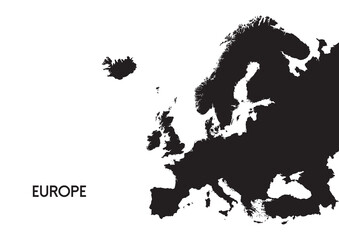 Abstract Europe continent map black silhouette outline isolated on white background.