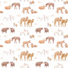 Beautiful vector seamless pattern with cute watercolor hand drawn wild animals. Horse camel cow yak families. Stock illustration.
