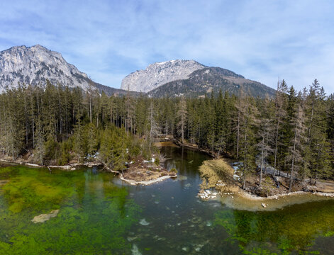 aerial view lake Kreuzteich on  mountain range Hochschwab in Styria, Austria.In the background mountain range Hochschwab with peaks Pribitz and Messnerin