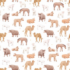 Beautiful vector seamless pattern with cute watercolor hand drawn wild animals. Horse camel cow yak families. Stock illustration.