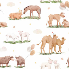 Beautiful vector seamless pattern with cute watercolor hand drawn wild animals. Horse camel cow yak families. Stock illustration.