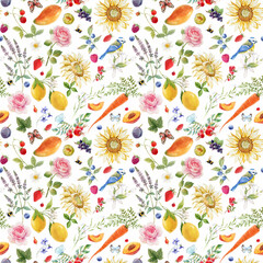 Fototapeta na wymiar Beautiful seamless summer pattern with watercolor flowers and lemon pear orange mango fruits. Stock illustration.