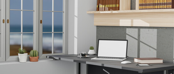 Fototapeta na wymiar laptop blank screen on table at home. 3d rendering