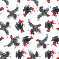 Beautiful vector seamless pattern with watercolor black roosters. Stock illustration.