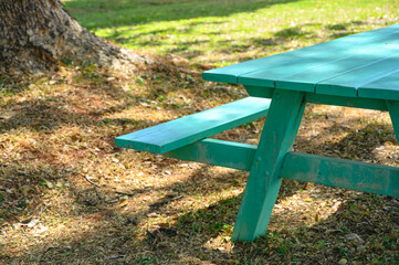 Close up part of green wooden picnic bench under big tree in park. Free copy space for text.