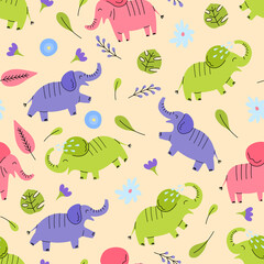 Cartoon Color Doodle Cute Elephant Animal Seamless Pattern Background Kids Flat Design Style. Vector illustration