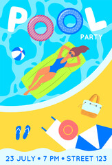 Cartoon Pool Party Poster Invitation with Swimming Woman Concept Banner Card Flyer Flat Design Style. Vector illustration