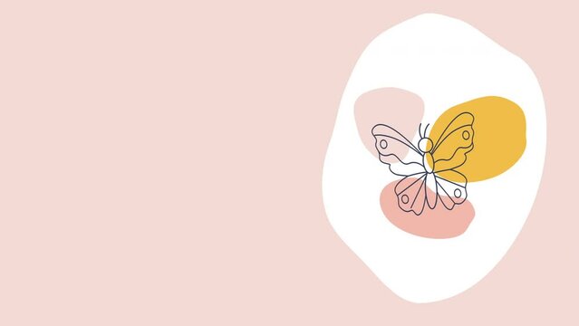 4k video of cartoon butterfly in doodle style on pink background.