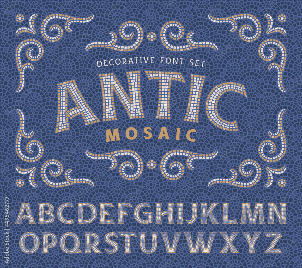 Fototapete antic mosaic vector font set with decorative ornate and seamless pattern