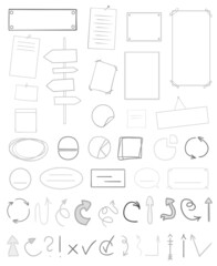 Infographic tables on isolated background. Collection of desks on white. Arrows for design. Hand drawn simple signs. Image for flyers, posters, banners and other