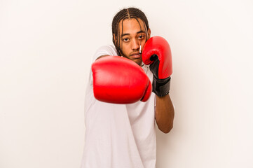 Young African American man playing boxeo isolated on white background