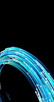 Digital data as luminous flux of blue particles in a semicircle, with trail which simulate optical fibers. Concept for high speed data transfer, abstract background for fast internet connections.