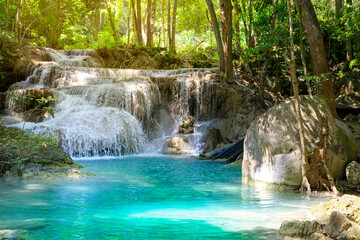 Beautiful waterfall and emerald pool in tropical rain forest in Thailand...