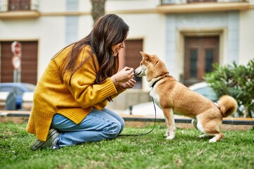 Beautiful young woman training shiba inu dog at park