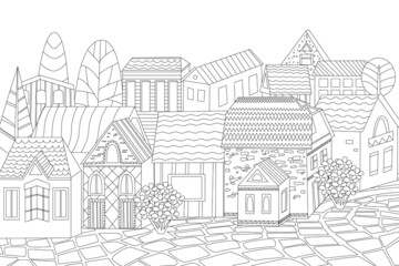 little town with cozy houses and pebble street pavement for your