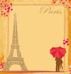 Fototapeta na wymiar romantic couple of Tourists in Paris, abstract vintage card