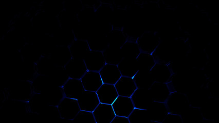 Digital generated technology hexagon background.Glossy textured hexagons with blue back glow.Modern futuristic background 3d illustration. Pattern hexagon background abstract and geometric wallpaper - obrazy, fototapety, plakaty