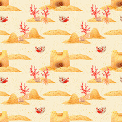 Watercolor seamless pattern with sand castle and coral illustration on isolated background. For greeting cards, stationery, wrapping paper, wallpaper, splash screen, social media, etc.