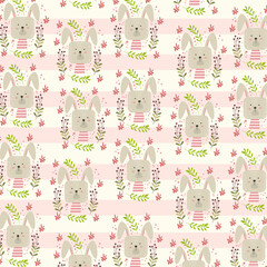 cute bunny pattern design with flowers and leaves. suitable for home background design, love cards, blankets, nursery, poster, birthday greeting card and gift wrapping