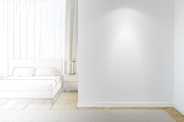 Fototapeta na wymiar A sketch becomes a real modern bedroom with a blank illuminated wall, a modern lamp on a bedside table, a modern bed with linen near a curtained window, a beige carpet on the parquet floor. 3d render