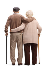 Rear view shot of a senior man and woman with walking canes in embrace