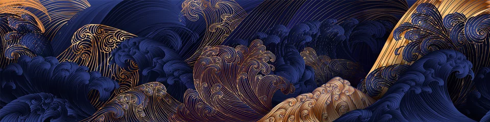 Fotobehang Nachtblauw Lijn kunst ontwerp van golven, berg, moderne handgetekende vector achtergrond, gouden inktpatroon. Minimalistische Aziatische stijl.